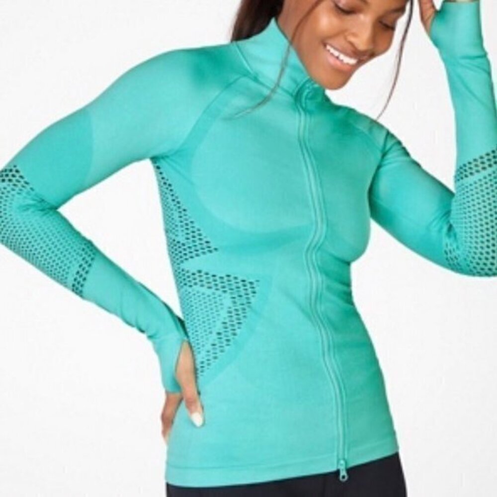 Fabletics Womens Seamless Jacket Small Aqua Blue Mia Mock Neck